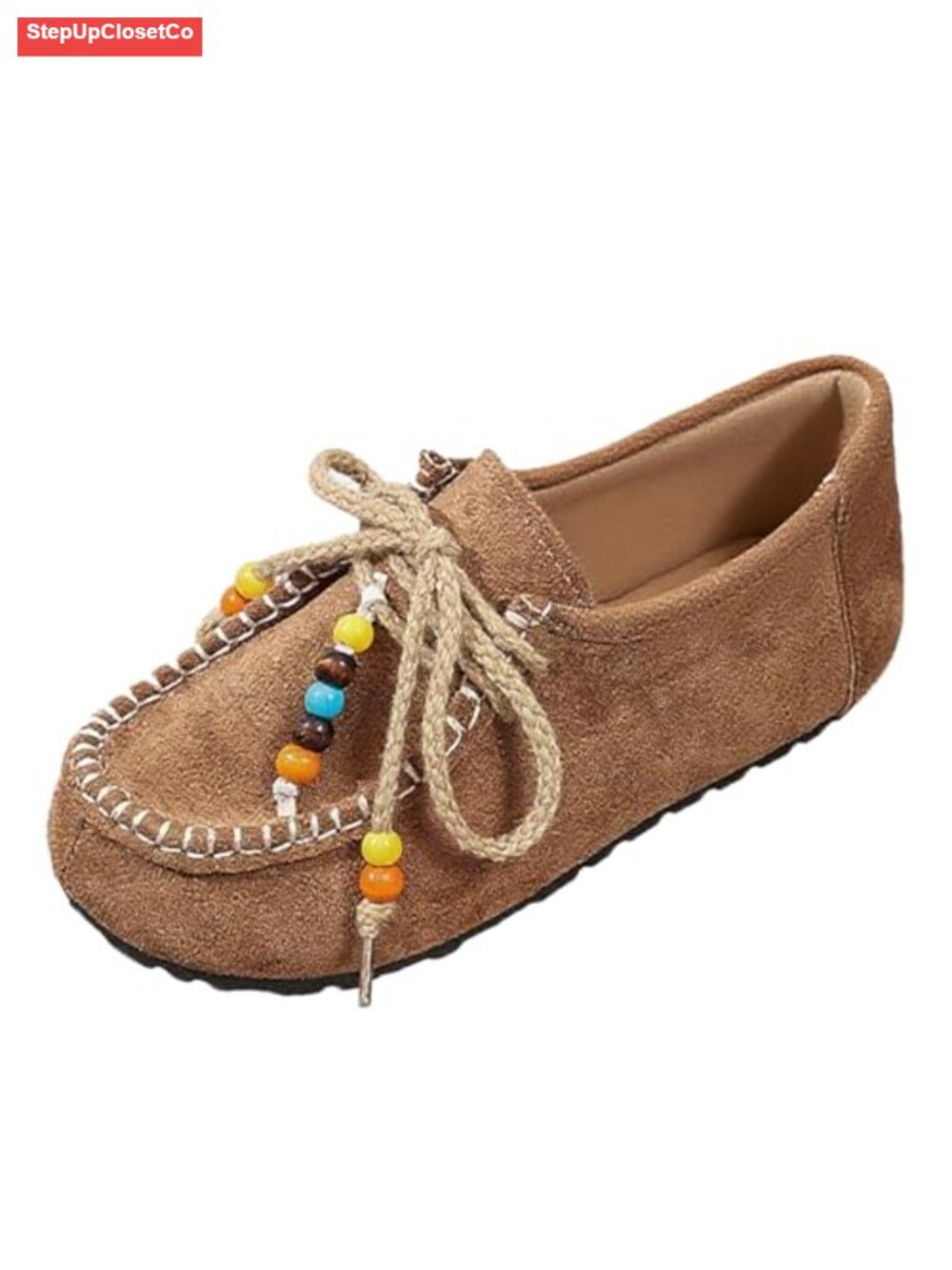 Suede Mocc Loafers Women Beaded Round Toe Slip On Flats Work Walking Shoes